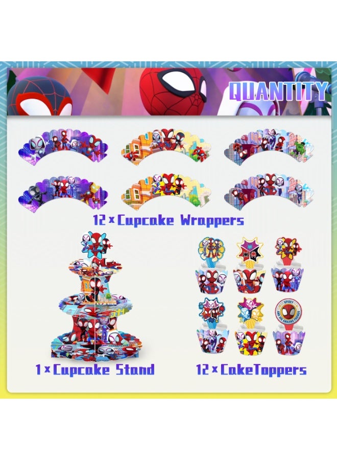 ILovhaprty 25pcs Spider-Man Cake Decoration Set – 3-Tier Spider-Man Cake Stand with Cupcake Wrappers and Cake Toppers, Spider-Man Birthday Party Supplies for Superhero Theme Dessert Table Decorations - Image 2